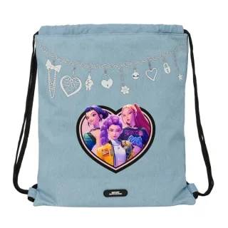 Safta K-Pop Demon Hunters Huntr/X Saco Plano - Cierre con Cordones - Bolsillo Interior con Cremallera - 35x40x1cm - Color Azul Claro