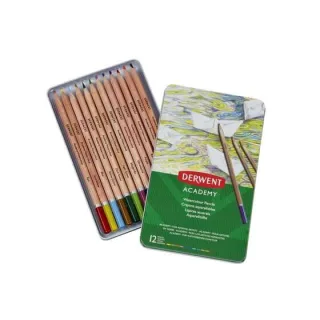 Derwent Academy Pack de 12 Lapices Acuarelables - Flexibilidad de la Acuarela - Cuerpos de Madera Natural - Faciles de Usar - Pigmentos de Calidad - Mezclables y Disolubles - Colores Surtido