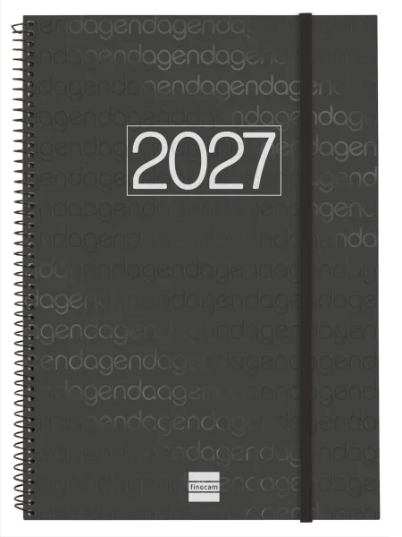 Finocam Espiral Basics Year Agenda - Anual 2027 - Semana Vista Vertical - Formato E40 - 210x297mm - Espiral - Tapa de Polipropileno - Esquinas Microperforadas - Papel de 80g/m2 - Color Negro