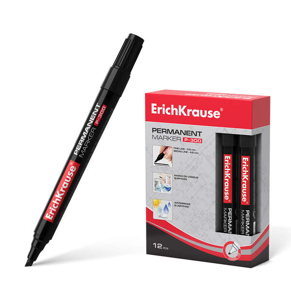 Erichkrause Marcador Permanente P-300 - Punta Biselada - para Escribir en Multiples Superficies - Color Negro · Pack de 12 uds.