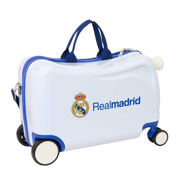 Safta Real Madrid Equipacion 26/27 Maleta Trolley Infantil - Reposapies - Bandolera Ajustable - Asas de Mano - Tiradores con Ranura para Candado - Interior Forrado - 44x27x21cm - Color Blanco y Azul