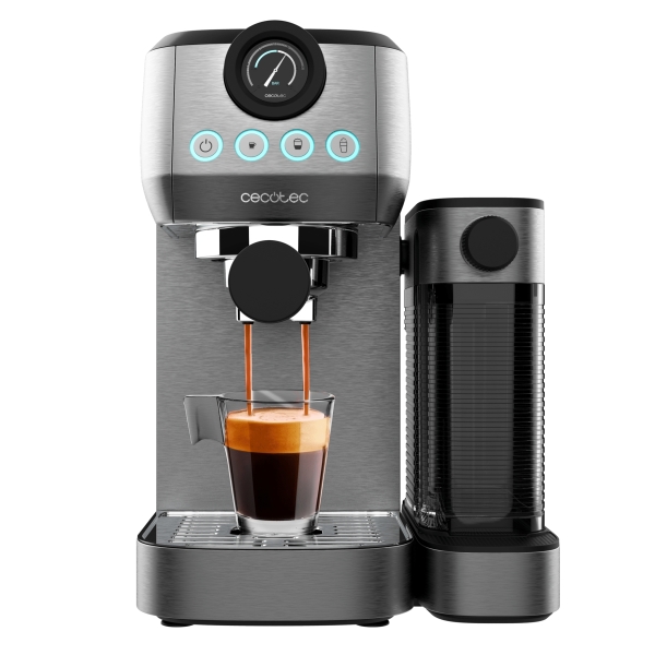 Cecotec Power Espresso 20 Steel Pro Latte Cafetera Espresso - 1350W - 20Bar - Calentamiento Rapido y Homogeneo - Deposito Leche 700ml - Deposito Agua 1.3L - Calienta Tazas - Color Gris Metal