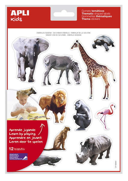 Apli Gomets Tematicos Realistas Animales Sabana - 144 Gomets - Adhesivo Removible - Ideal para Desarrollar Habilidades Motoras - Adhesivo Base Agua - Libre de Disolventes - Coloridos · Pack