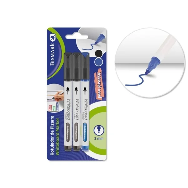 Bismark Pack de 3 Rotuladores para Pizarra Blanca - Punta Redonda 2mm - Colores Negro y Azul