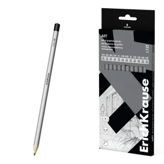 ErichKrause Art Pack de 12 Lapices de Grafito - Durezas Surtidas 5H-5B - Cuerpo Hexagonal - Pegado Completo de la Mina - Agarre Ergonomico - Color Plata