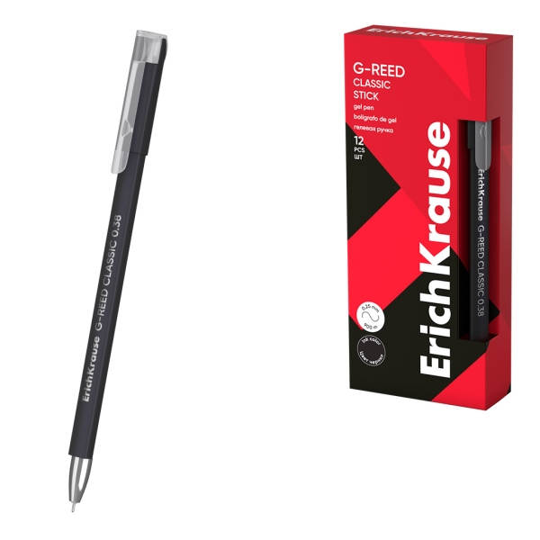 ErichKrause G-Reed Stick Classic Boligrafo con Capuchon - Punta de 0.38mm - Trazo 0.25mm - Tinta de Gel - Resistente al Agua - Secado Rapido - Tapa Ventilada - Color Negro · Pack de 12 uds.