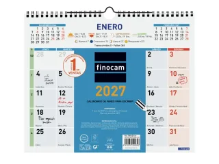 Finocam Color Calendario de Pared - Anual 2027 - Mes Vista - 300x247mm - Espiral Doble - Papel de 120g/m2 - Espacio para Escribir - Color Azul y Blanco