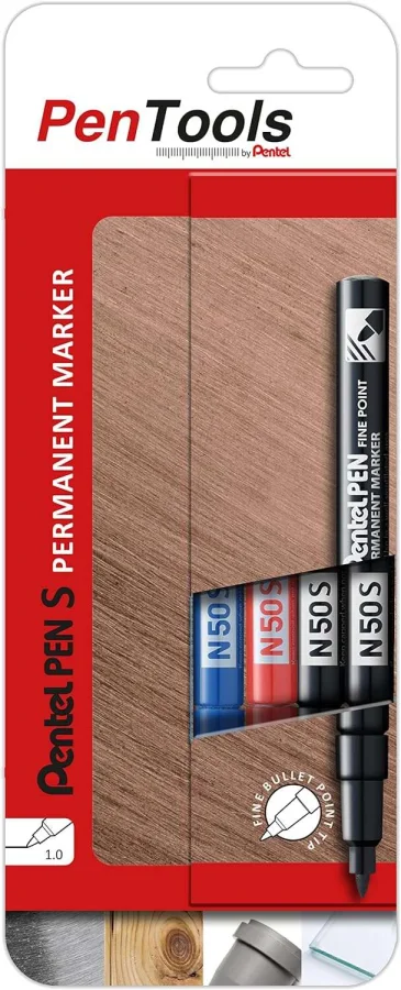 Pentel PenTools Pack de 4 Rotuladores Permanentes Industriales Pentel Pen N50S - Punta Conica Resistente y Duradera - Trazo 1mm - Resistente a Agua y Luz - Colores 2x Negro, Azul, y Rojo