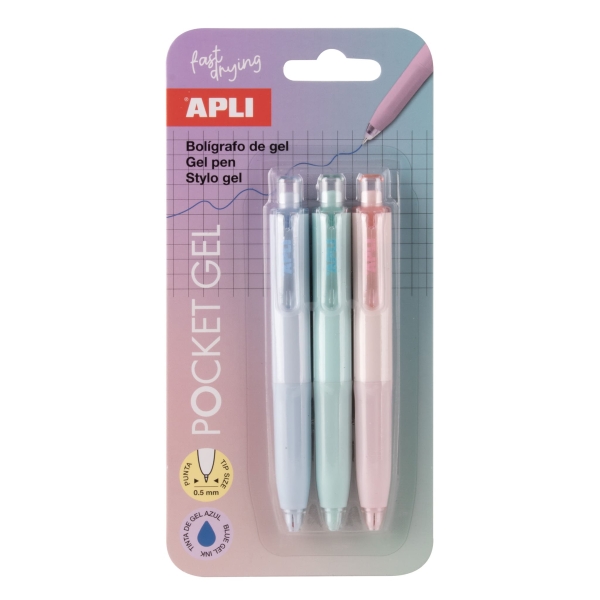 Apli Pocket Gel Blister de 3 Mini Boligrafos de Tinta Gel Retractiles - Tinta Color Azul - Cuerpo de Diferentes Colores Pastel