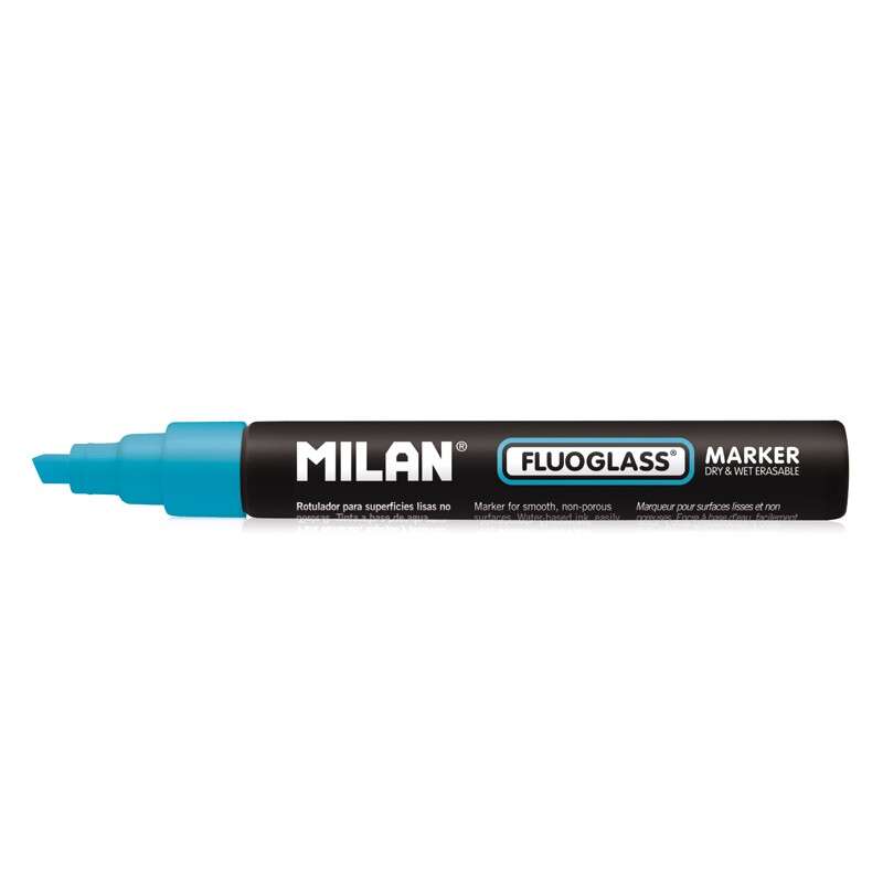 Milan Fluoglass Rotulador Superficies Lisas - Punta Biselada - Trazo de 2 - 4mm - Tinta al Agua - Borrado Facil - Color Azul · Pack de 12 uds.