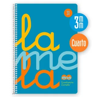 Lamela Cuaderno Espiral con 80 Hojas de 90g/m2 con Margen - Formato Cuarto - Pauta Cuadrovia de 3mm - Cubierta Extra Dura - Papel Offset Blanco Extra - Color Azul