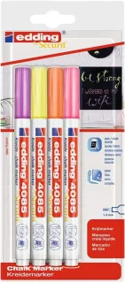 Edding 4085 Neon Pack de 4 Rotuladores de Tiza Liquida - Punta Redonda - Trazo 1-3mm - Olor Neutro - Colores Frambuesa, Amarillo, Naranja y Rosa Neon