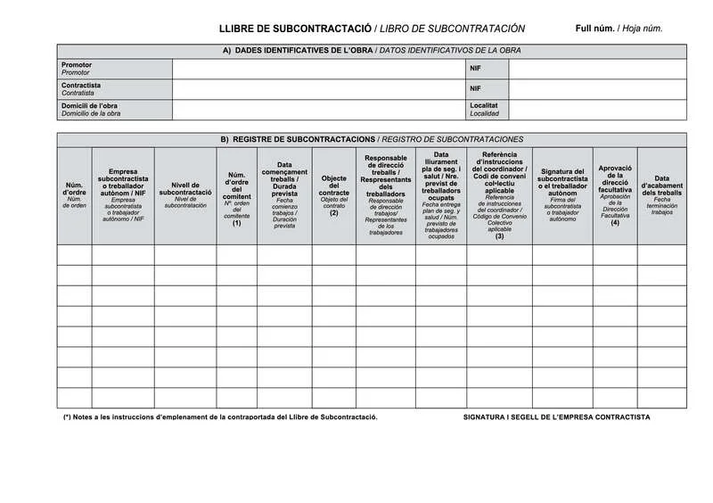 Dohe Libros de Subcontratacion Din A4 Apaisado Catalan/Castellano - 10 Hojas Numeradas - Hojas Autocopiativas · Pack de 10 uds.