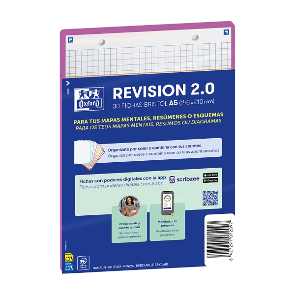 Oxford Pack de 30 FlashCards 2.0 - Formato A5 - Cuadricula 5x5mm - Cartulina de 250g - Digitalizacion de Textos con App - Color Morado