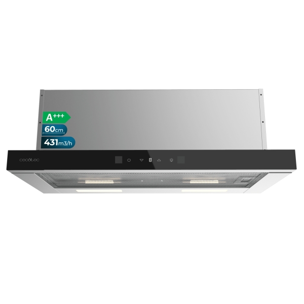 Cecotec Bolero Flux TLT 604400 Glass Black A+++ Campana Extractora Telescopica de 60cm - 431.2m3/h - LED - Pantalla - Acero Inoxidable - Filtros Aptos para Lavavajillas - Filtros de Carbono