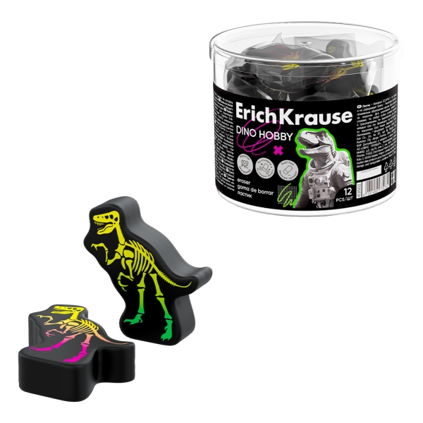ErichKrause Dino Hobby Goma de Borrar - PVC Ecologico - No Deja Residuos - No Rasga el Papel - Colores Surtidos · Pack de 12 uds.