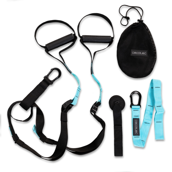 Cecotec DrumFit TST Total Suspension Trainer Correas de Suspension - Soporta hasta 200kg - Agarre Ergonomico de 3.5cm - 1m de Largo - Color Negro y Azul