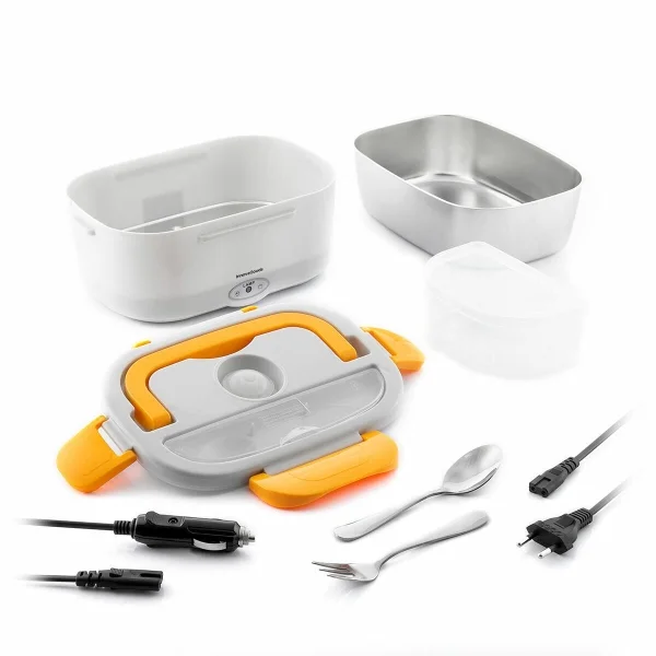 Innovagoods Lunffi Fiambrera Electrica - Capacidad 1.5L - Temperatura hasta 90°C - Potencia 60W - Cables Extraibles - Recipiente de Acero Inoxidable - Tapa con Valvula - Color Naranja y Blanco