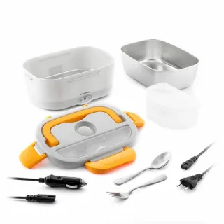 Innovagoods Lunffi Fiambrera Electrica - Capacidad 1.5L - Temperatura hasta 90°C - Potencia 60W - Cables Extraibles - Recipiente de Acero Inoxidable - Tapa con Valvula - Color Naranja y Blan