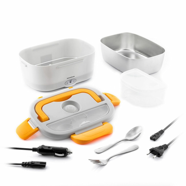 Innovagoods Lunffi Fiambrera Electrica - Capacidad 1.5L - Temperatura hasta 90°C - Potencia 60W - Cables Extraibles - Recipiente de Acero Inoxidable - Tapa con Valvula - Color Naranja y Blan