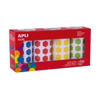 Apli Pack de 4 Rollos de Gomets Hexagonales 20mm - 1770 Gomets por Rollo - Adhesivo Permanente - 7080 Gomets en Total - Ideales para Escuelas Infantiles - Colores Azul, Rojo, Amarillo y Verd