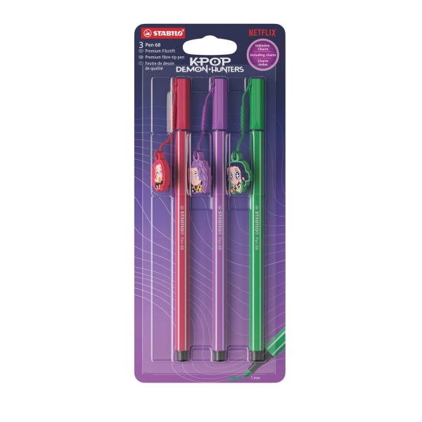 Stabilo Pen 68 K-Pop Demon Hunter Pack con 3 Rotuladores de Punta de Fibra - Trazo de 1mm aprox. - Tinta con Base de Agua - Colores Surtidos