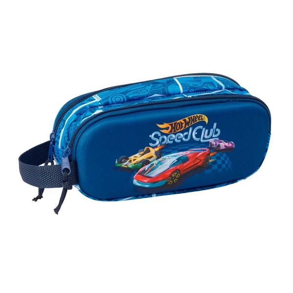 Safta Hot Wheels Portatodo 3D - 2 Compartimentos con Cremallera - Asa Lateral - Capacidad 1L - 21x8x6cm - Color Azul Marino