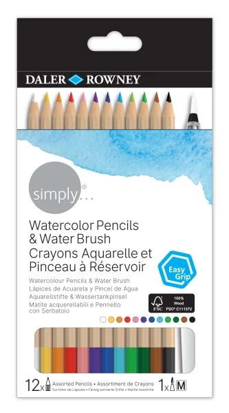Daler Rowney Simply Pack de 12 Lapices Colores Acuarelables - Incluye Pincel Rellenable - Colores Surtidos