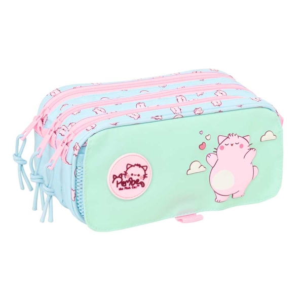 Safta Pembe The Pink Cat Portatodo - 3 Compartimentos con Cremalleras - Bolsillo Frontal - Cinta Adaptable - 1.72L - 215x80x100mm - Color Menta