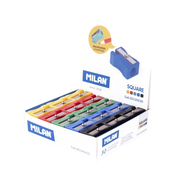 Milan Basic Expositor con 30 Sacapuntas - Sin Deposito - Cuchilla de Acero de Seguridad - Colores Surtidos