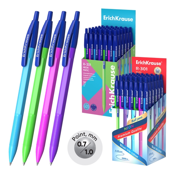 ErichKrause R-301 Matic Neon Boligrafo Retractil - Modelos Surtidos - Trazo 0.35mm - Color Azul · Pack de 50 uds.