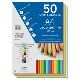 Dohe Pack de 50 Cartulinas A4 de 180gr - Con PH Neutro - Libres de Cloro Elemental - Colores Intensos Surtidos