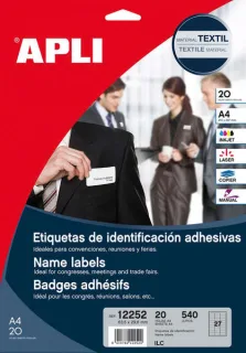 Apli Etiquetas Textiles de Identificacion Adhesivas con Cantos Romos - Tamaño 63.5 x 29.6mm - Adhesivo Removible - Pack de 20 Hojas con 540 Etiquetas - Compatible con Impresoras Inkjet, Lase