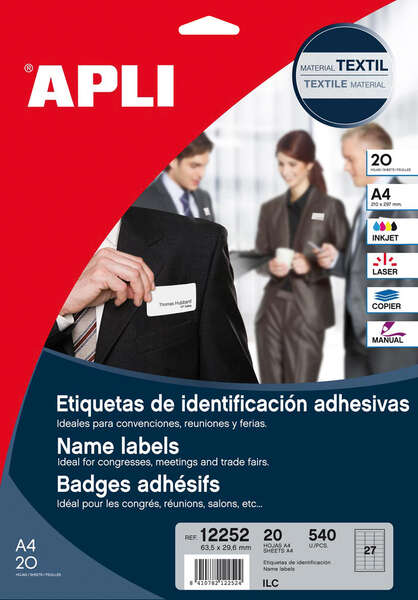 Apli Etiquetas Textiles de Identificacion Adhesivas con Cantos Romos - Tamaño 63.5 x 29.6mm - Adhesivo Removible - Pack de 20 Hojas con 540 Etiquetas - Compatible con Impresoras Inkjet, Lase