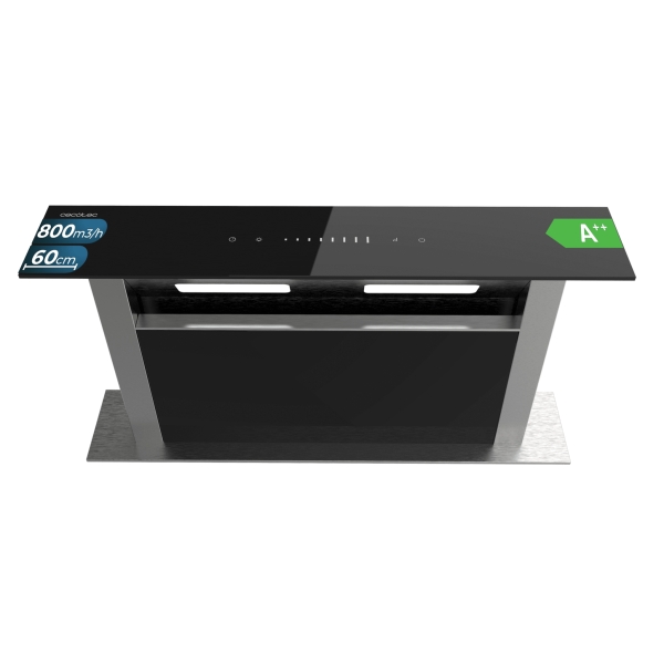 Cecotec Bolero Flux ET 608000 Glass Black A++ Campana Extractora de Encimera de 60cm - 210W - Succion 800m3/h - Luz LED - Incluye Accesorios - Acero Inoxidable - Filtros de Carbono Incluidos