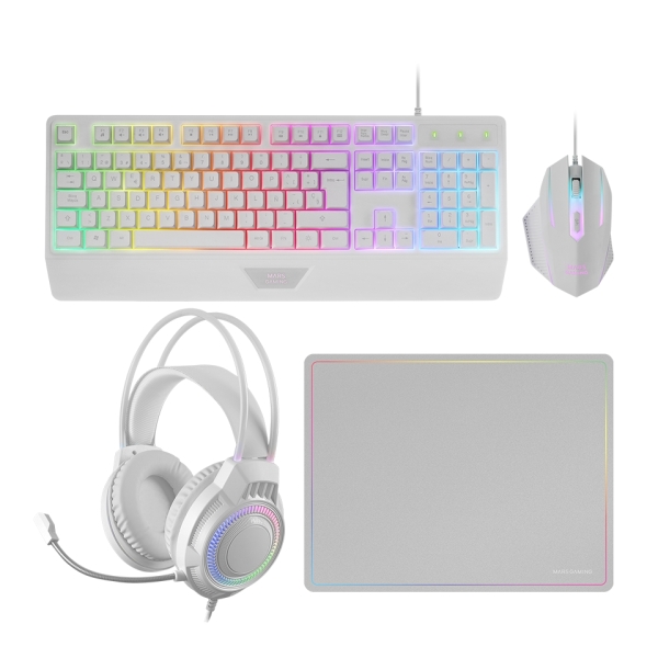 Mars Gaming MCP124PRO Combo Pack Gaming 4en1 - Teclado Hibrido H-Mech - Disposicion QWERTY ES - Raton 3200dpi - Alfombrilla Nanotextil - Color Blanco