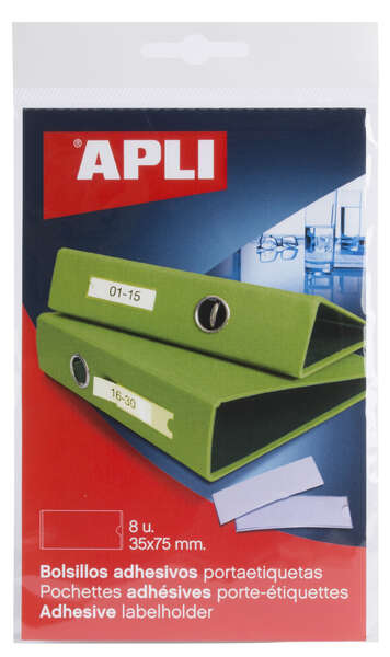 Apli Bolsillos Adhesivos para Etiquetas - 35 x 75mm - Cambia la Informacion de la Etiqueta Segun tus Necesidades - Contiene 8 Bolsillos por Bolsa