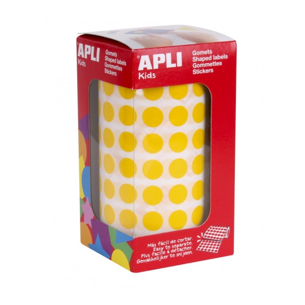 Apli Rollo de 5.192 Gomets Redondos Adhesivo Permanente - Faciles de Separar - Adhesivo Base Agua - Materiales Reciclables - Color Amarillo
