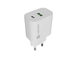 Natec Ribera Cargador de Pared 20W - 1xUSB-A + 1xUSB-C - Carga Rapida - 2 Dispositivos Simultaneos - Color Blanco