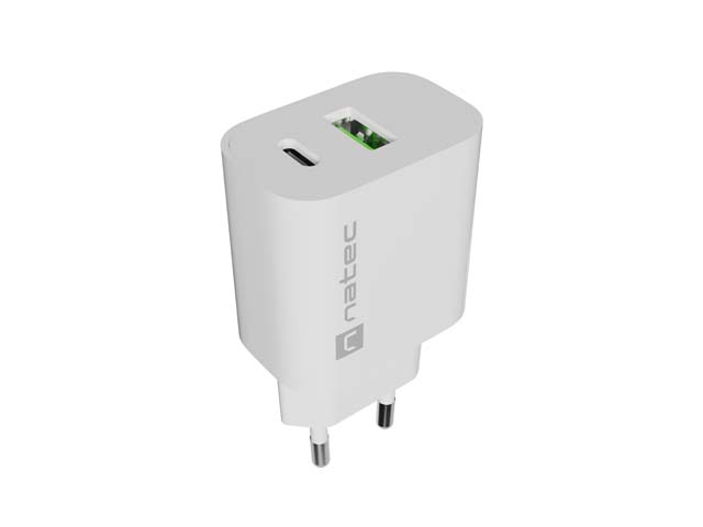 Natec Ribera Cargador de Pared 20W - 1xUSB-A + 1xUSB-C - Carga Rapida - 2 Dispositivos Simultaneos - Color Blanco