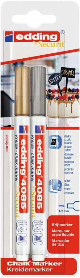 Edding 4085 Pack de 2 Rotuladores de Tiza Liquida - Punta Redonda - Trazo 1-3mm - Olor Neutro - Color Oro y Plata