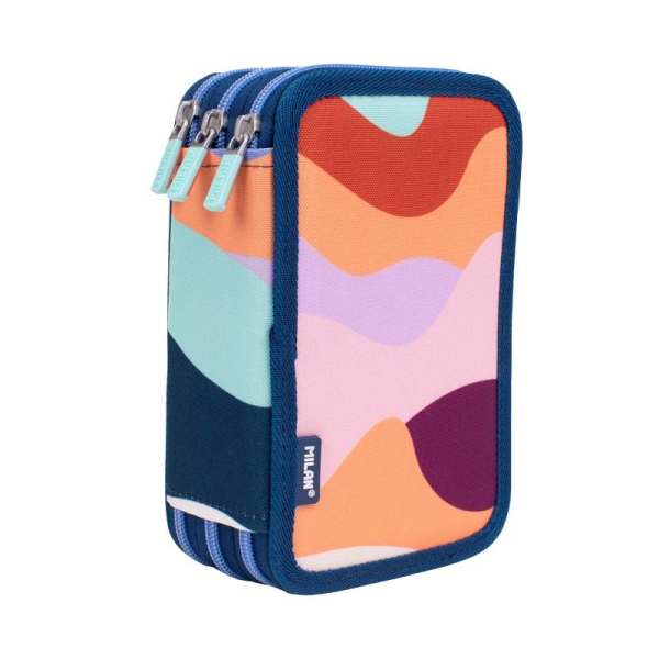 Milan The Fun Plumier de 3 Pisos con Goma de Borrar, Sacapuntas, Lapiz, 3 Boligrafos Capsule, Regla, 12 Lapices de Colores, 6 Lapices de Colores Metalizados, 5 Fluorescentes, Tijeras y 18 Ro