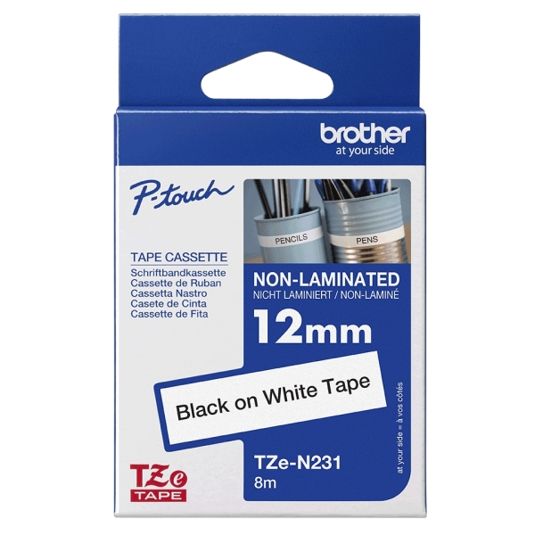 Brother TZEN231 Cinta No Laminada Original - Texto Negro sobre Fondo Blanco - Ancho 12mm x 8 metros