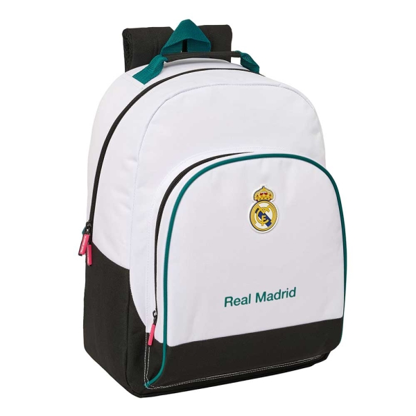 Safta Real Madrid Equipacion 26/27 Mochila - Adaptable a Carro - Bolsillo Frontal - Hombreras y Espalda Acolchada - Cremallera con Doble Tirador - Asa de Mano - 32x42x15cm - Color Blanco y Negro
