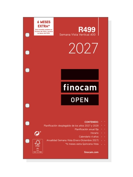 Finocam R499 Recambio para Agenda Open - Anual 2027 - Semana Vista Vertical - Formato 400 - 91x152mm - 6 Taladros - Papel de 80g/m2 - Color Blanco