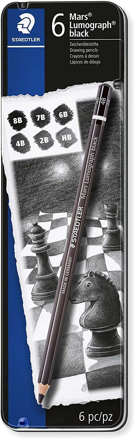 Staedtler Mars Lumograph Black Artist Pencil 100B Pack de 6 Lapices de Grafito - Resistencia a la Rotura - Graduaciones Surtidas