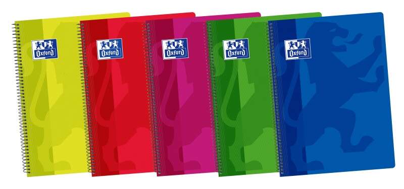 Oxford School Classic Cuaderno Espiral Folio 80 Hojas 1 Linea con Margen - Tapa de Plastico Resistente - Colores Surtidos · Pack de 5 uds.
