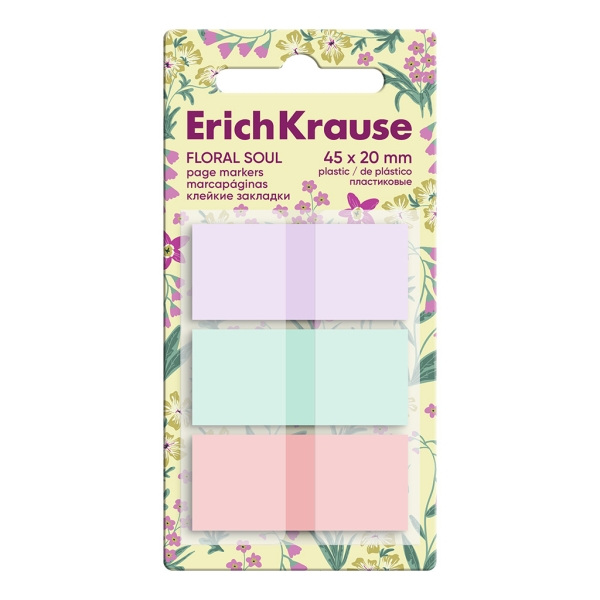 ErichKrause Floral Soul Pack de 3 Blocs de 20 Marcadores de Pagina - Reposicionables - Plastico - 20x45mm - Colores Surtidos