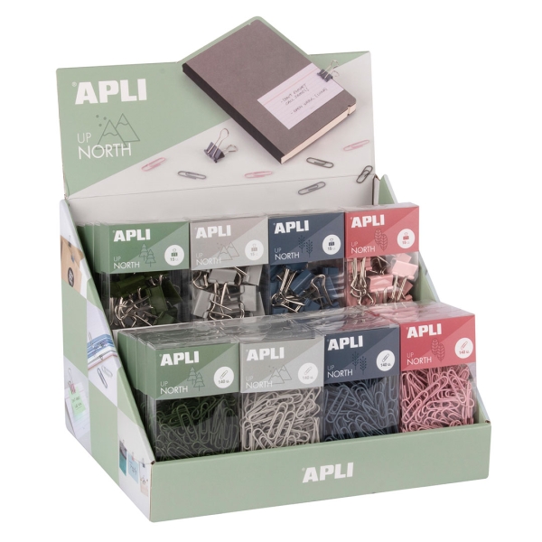 Apli Up North Expositor con 16 Cajas de 140 Clips 28mm + 16 Cajas de 15 Pinzas Metalicas 19mm - Colores Surtidos