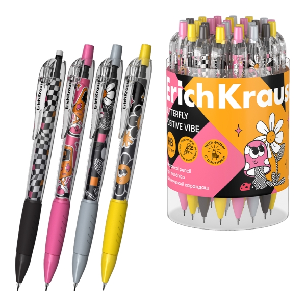 ErichKrause Butterfly Positive Vibe Portaminas - Mina HB de 0.7mm - Goma de Borrar Integrada - Ergonomico - Colores Surtidos · Pack de 24 uds.